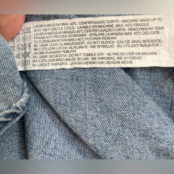 Zara denim shirt patches distressed unisex large button up boho Zip Code 1992 - Picture 8 of 13